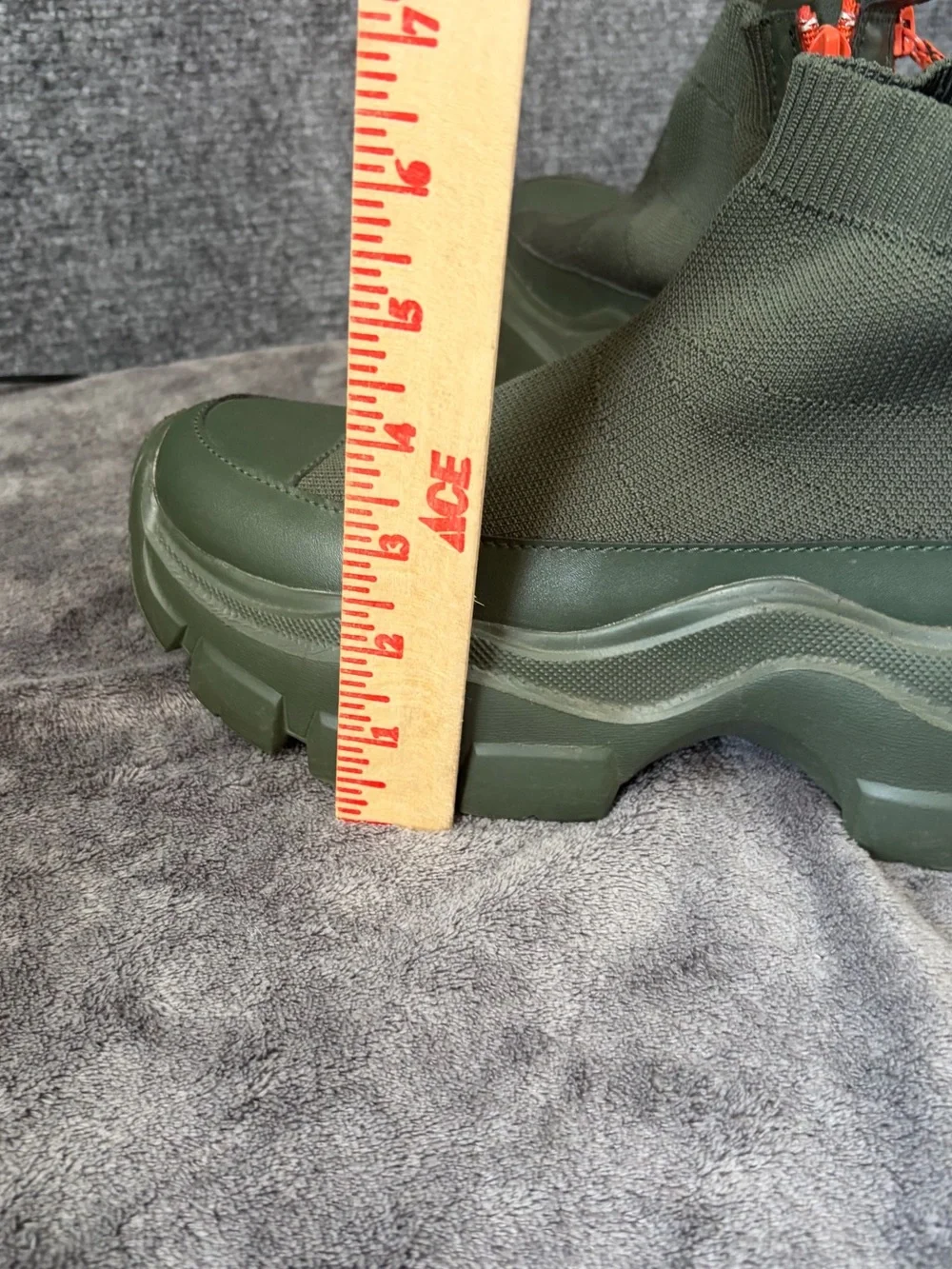 Olive Green Knit Platform Chelsea Boots with Orange Pull Tab Accent Chunky Boot